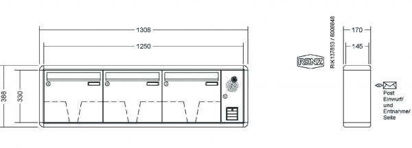 RENZ Briefkastenanlage Aufputz RS2000 Kastenformat 370x330x145mm, mit Klingel - & Lichttaster und Vorbereitung Gegensprechanlage, 3-teilig, Renz Nummer 10-0-35933